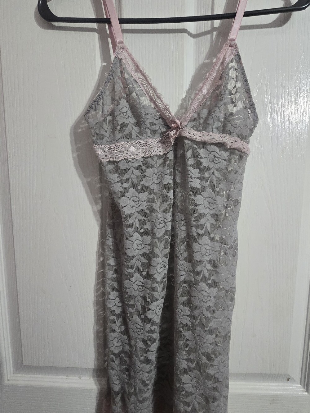Rampage Gray Lace Chemise with Pink Trim